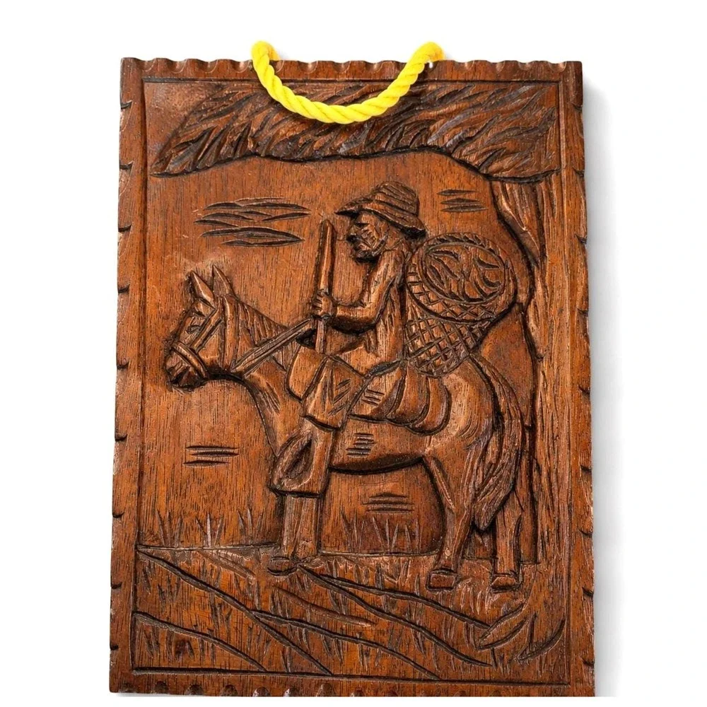 Vintage Panama Wood | Hand Carved Folk Art Plaque | Mid Century Wall Art
